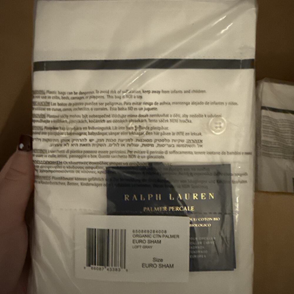 NWT Ralph Lauren Organic Cotton Palmer Euro Sham Loft Gray White Pillowcase